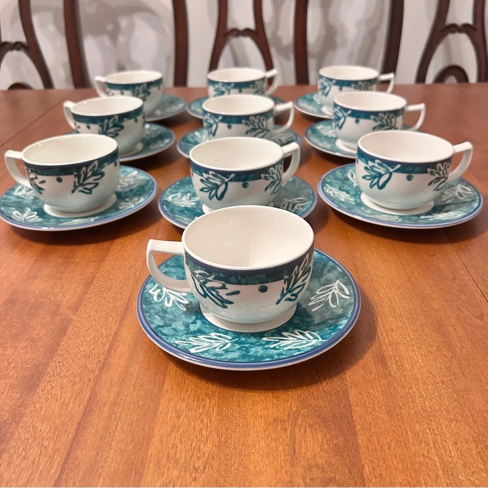 Mikasa Fashion Plate Leaf Song White Teal Ironstone Cups Mug Saucer 2 SETS